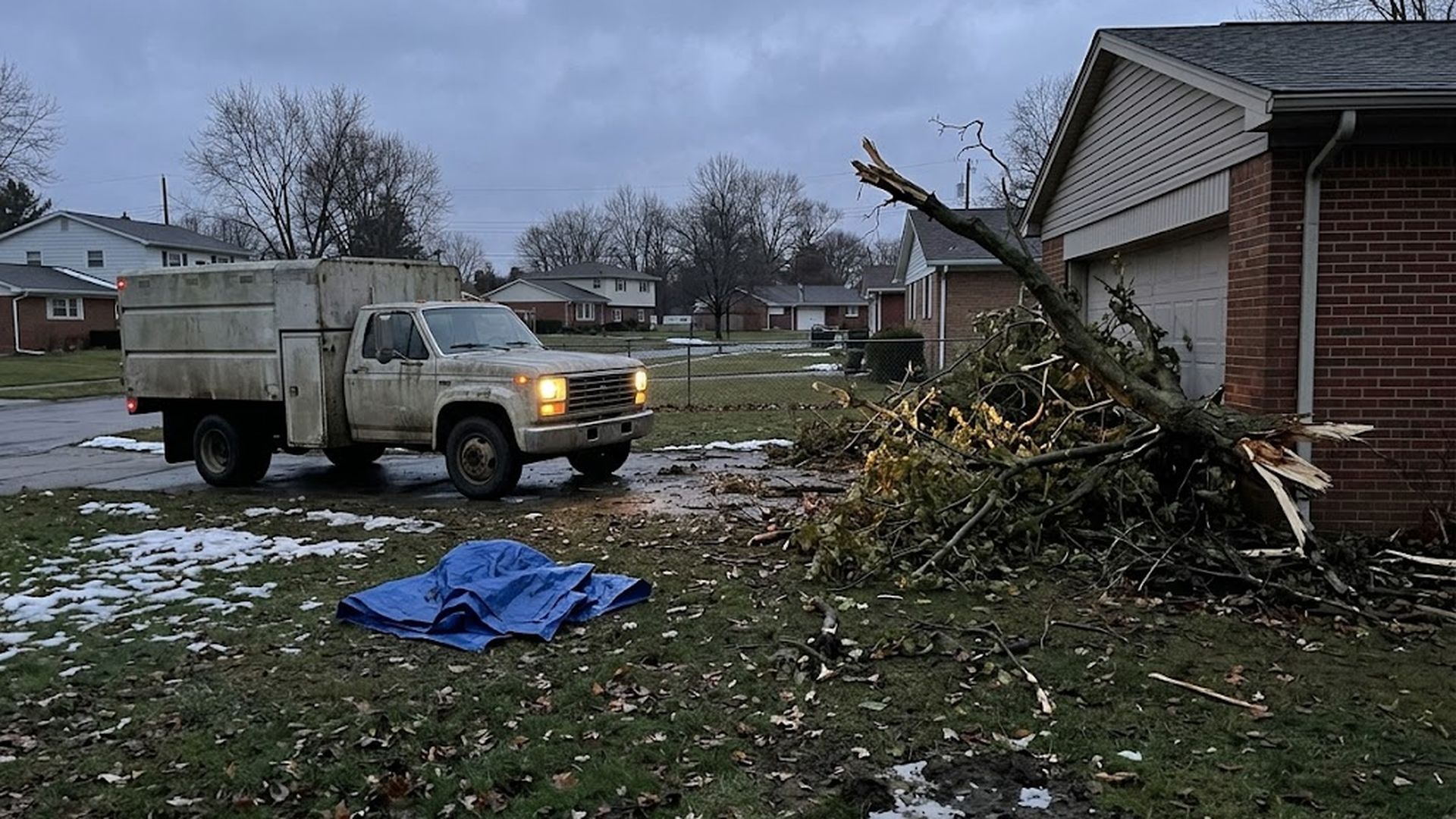 Storm-fallen tree across a driveway beside a house, viewed from a safe distance