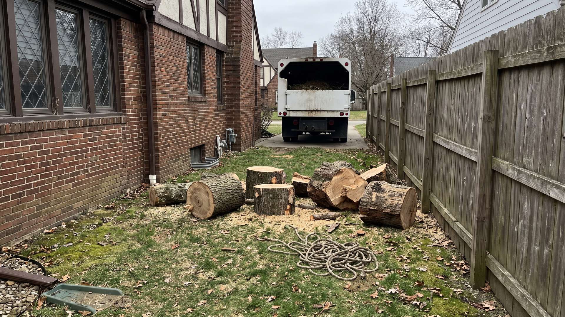 Climber working a large tree beside a house and deck